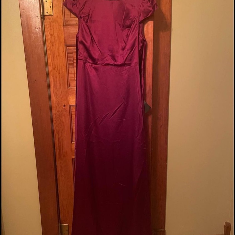 Burgundy satin floor length gown